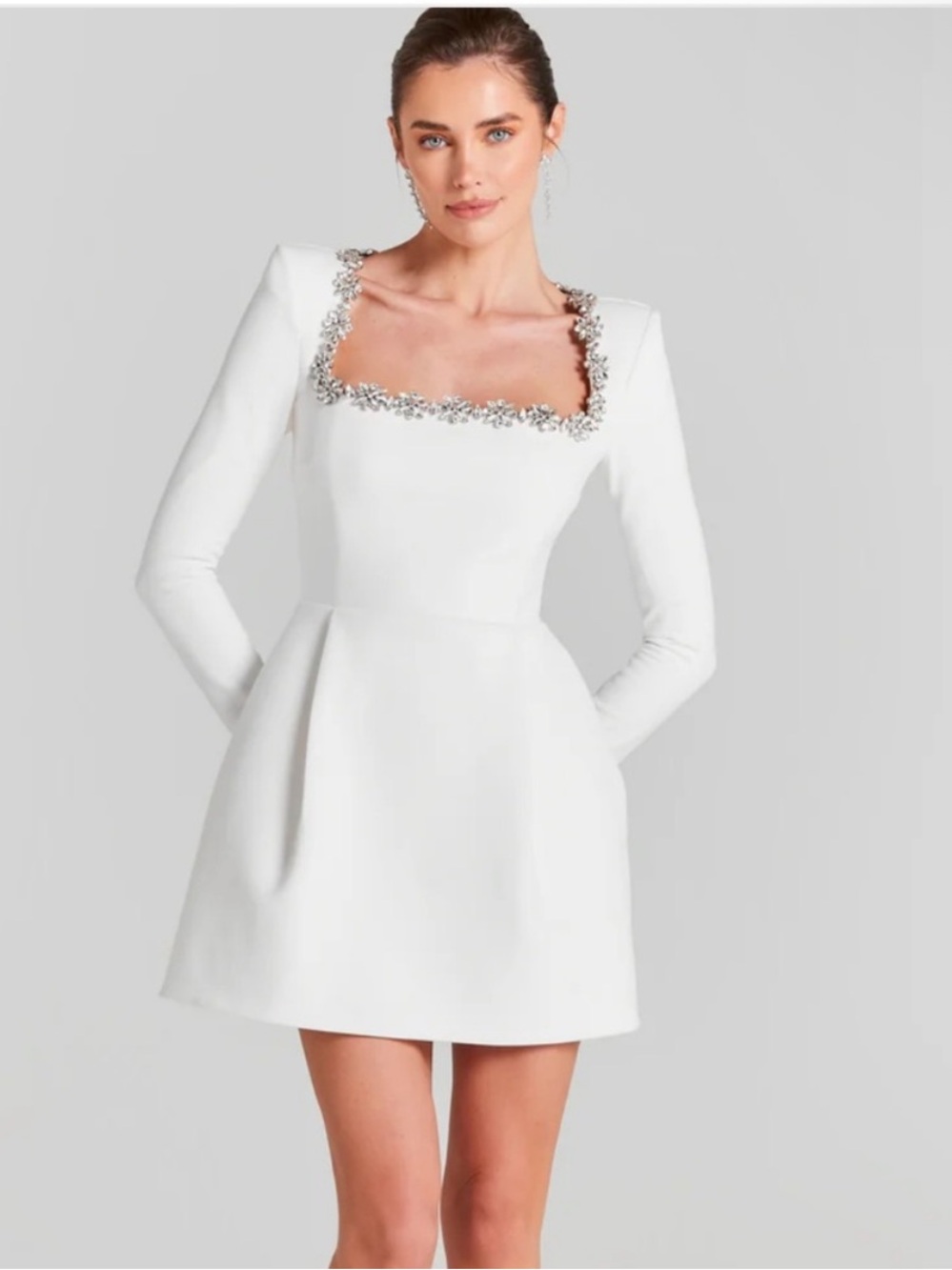 Nadine Merabi Kimberly Square Neck Embellished Crystal Structured Mini Dress 8